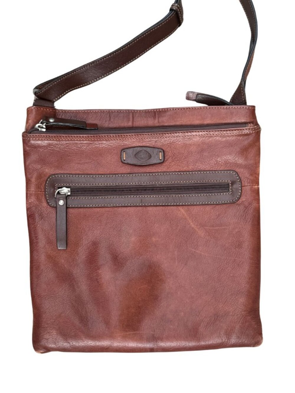 The Trend Italy Genuine Brown Leather Multi-Zip Crossbody Bag Like New